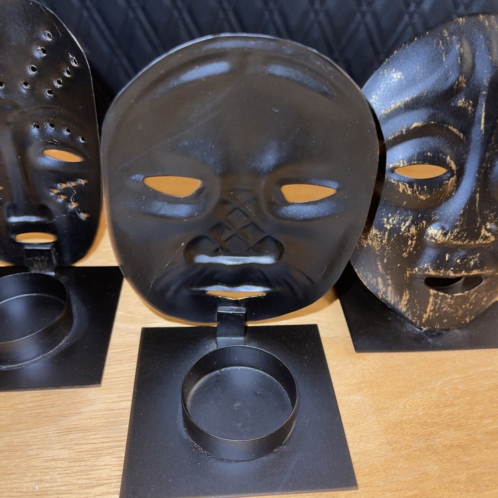 Vintage Theatre Mask Painted Black Metal Candle Holders Home Decor Tea light - Picture 8 of 12